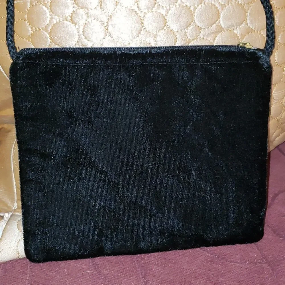 Black Velvet Embroidered Floral Stitch Crossbody Purse